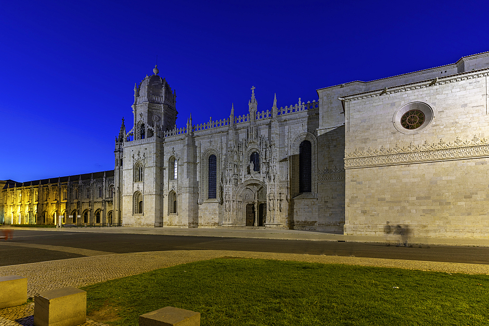 View of Jerónimos Monastery (Monastery of the Hieronymites) at dusk, Lisbon, Portugal, Europe
