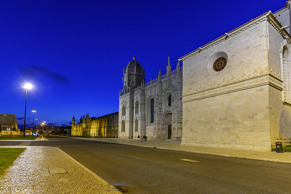 View of Jerónimos Monastery (Monastery of the Hieronymites) at dusk, Lisbon, Portugal, Europe