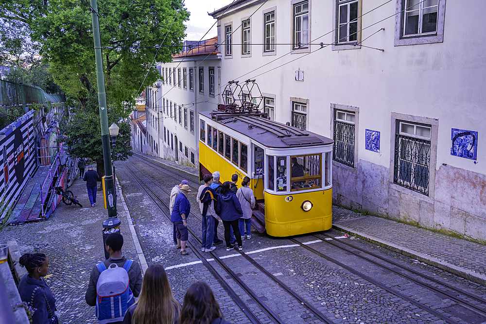 View of vintage Glória Funicular, hilltop tram ride, Lisbon, Portugal, Europe