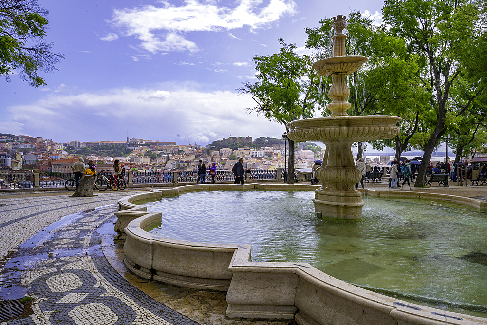 View of Lisbon from Miradouro de Sao Pedro de Alcantara on a sunny day, Lisbon, Portugal, Europe
