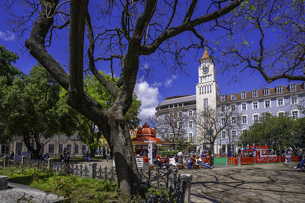 View of market stalls in Jardim Dom Luis Gardens on a sunny day, Lisbon, Portugal, Europe