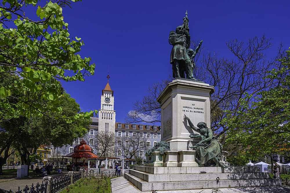 View of Marquês Sá da Bandeira statue in Jardim Dom Luis Gardens on a sunny day, Lisbon, Portugal, Europe