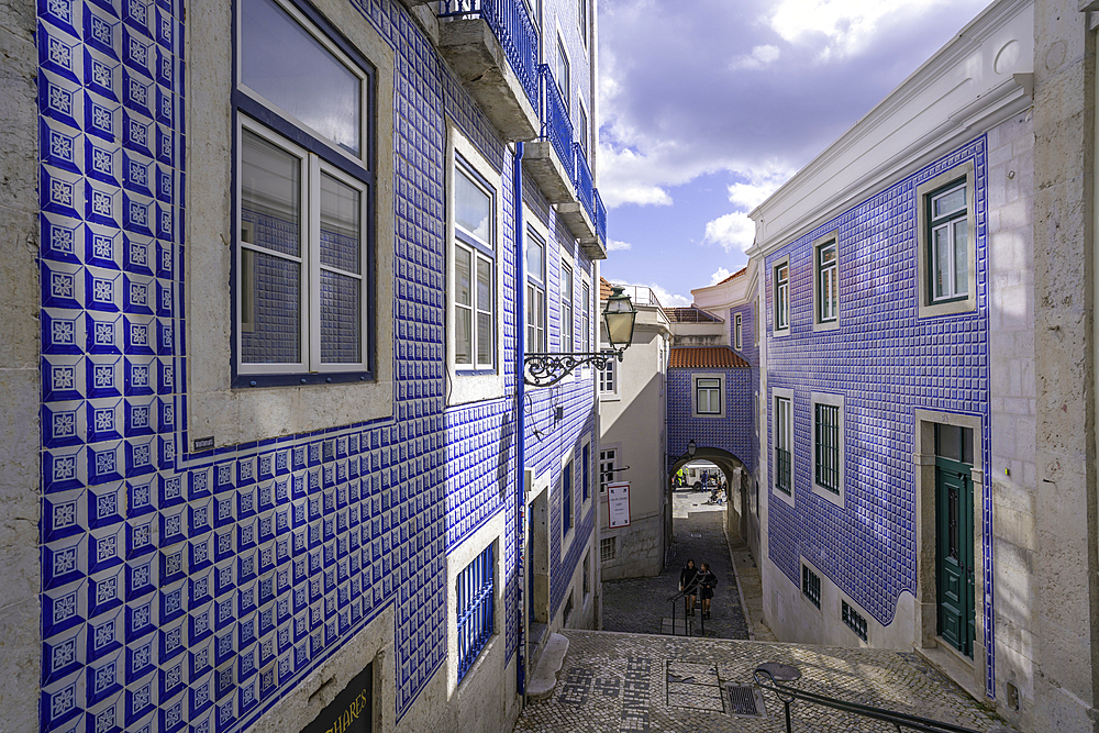 View of colourful buildings in the Alfama District on a sunny day, Lisbon, Portugal, Europe