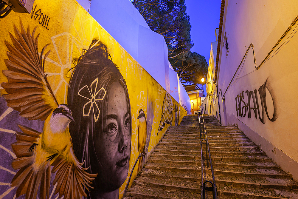 View of colourful graffiti and steps leading to Church of Our Lady of Grace at dusk in the Alfama District, Lisbon, Portugal, Europe