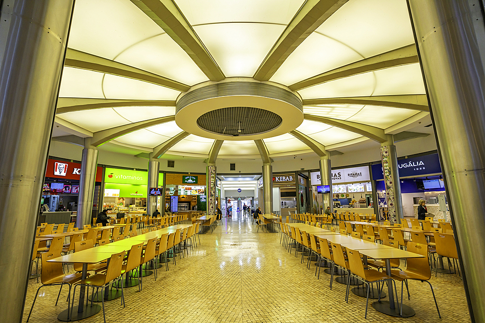 View of shops and food outlets in Campo Pequeno Shopping Mall interior, Lisbon, Portugal, Europe