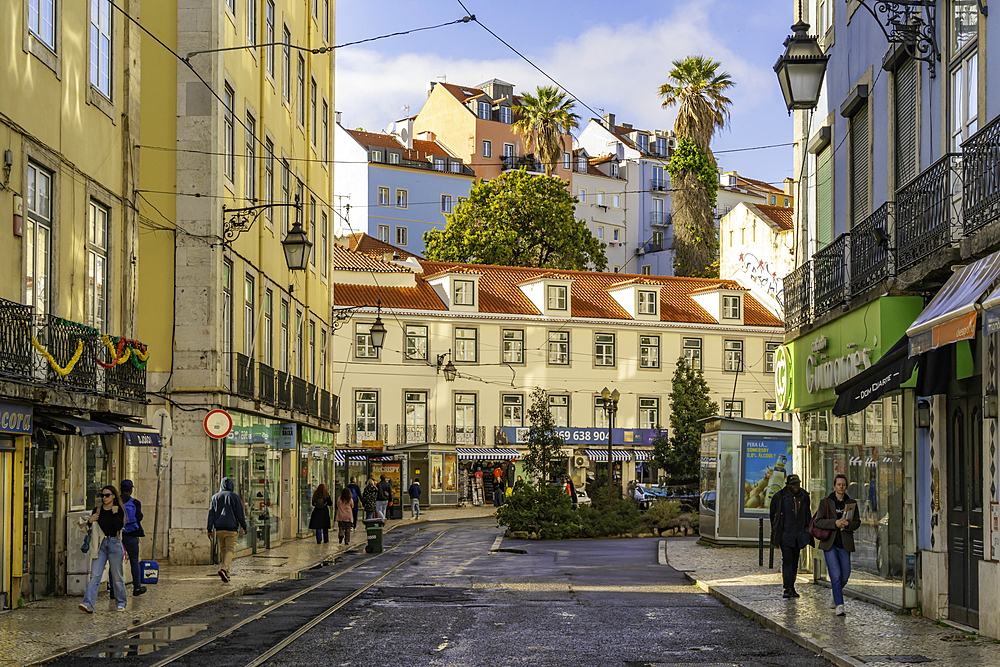 View of colourful buildings in the Alfama District on a sunny day, Lisbon, Portugal, Europe