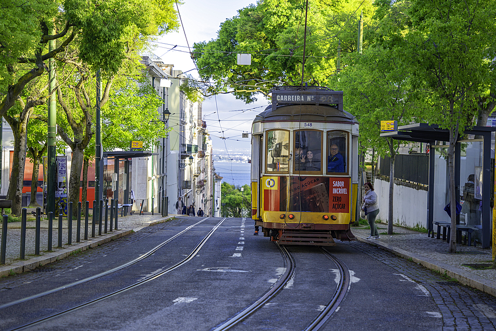 View of vintage tram and colourful buildings in the Alfama District on a sunny day, Lisbon, Portugal, Europe