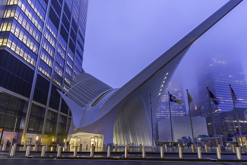 View of exterior of the Oculus transportation hub at the World Trade Center at dusk in Lower Manhattan, New York City, United States of America, North America