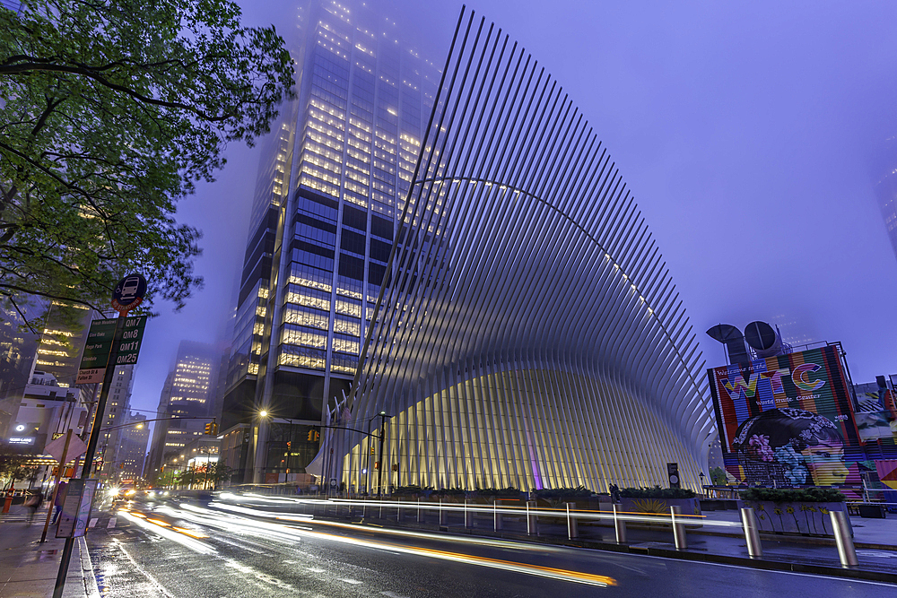 View of exterior of the Oculus transportation hub at the World Trade Center at dusk in Lower Manhattan, New York City, United States of America, North America
