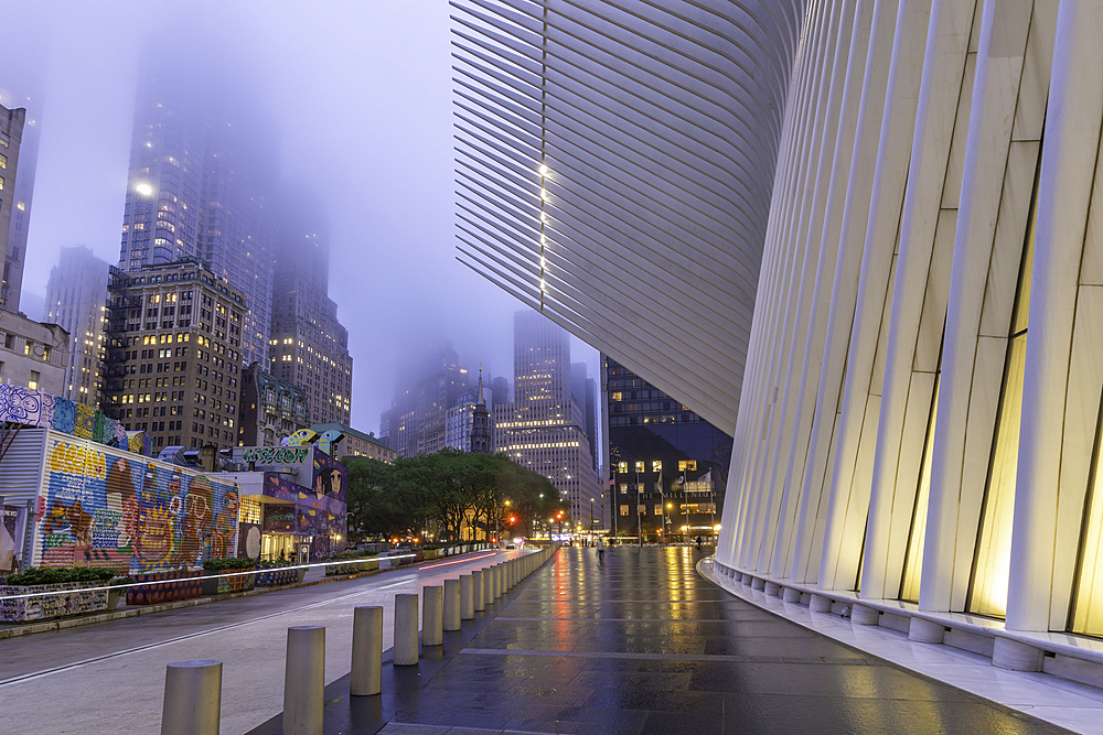 View of exterior of the Oculus transportation hub at the World Trade Center at dusk in Lower Manhattan, New York City, United States of America, North America