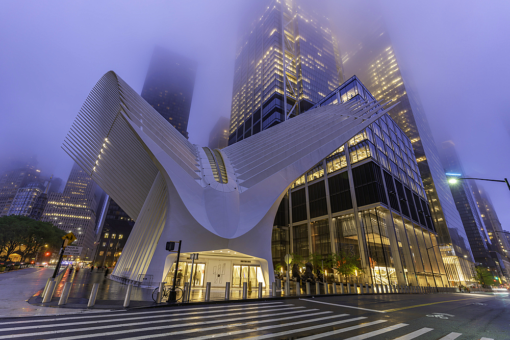 View of exterior of the Oculus transportation hub at the World Trade Center at dusk in Lower Manhattan, New York City, United States of America, North America