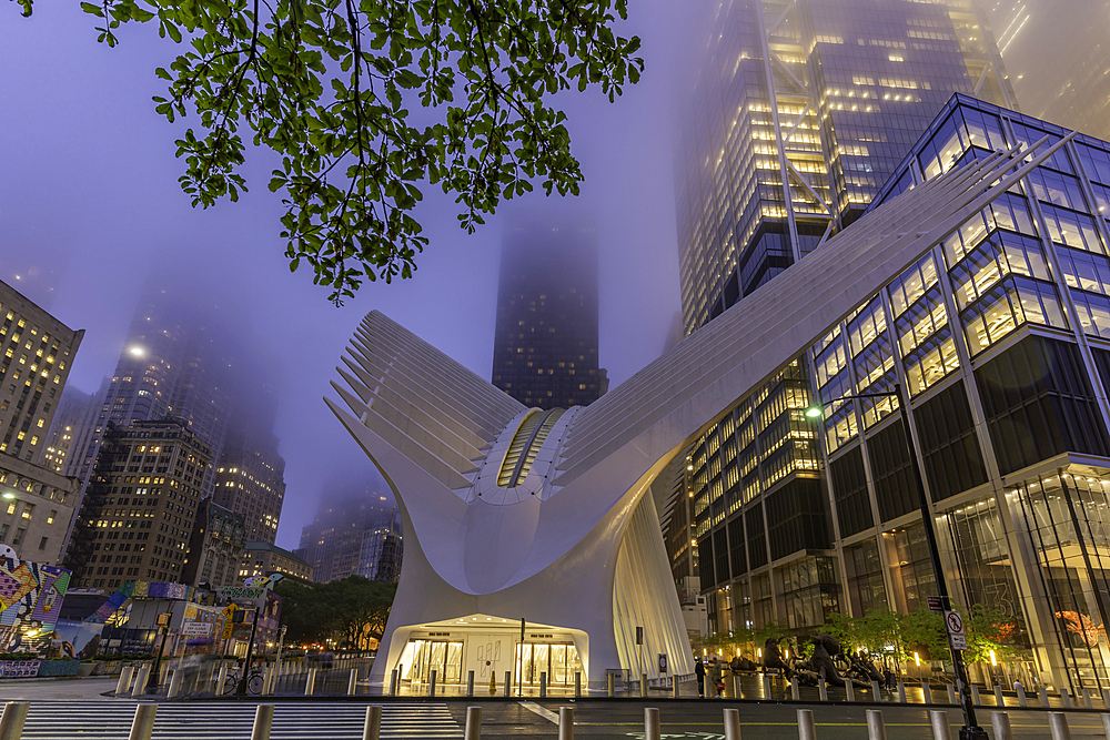 View of exterior of the Oculus transportation hub at the World Trade Center at dusk in Lower Manhattan, New York City, United States of America, North America