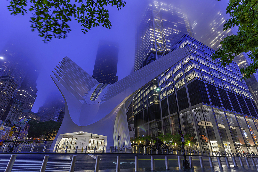 View of exterior of the Oculus transportation hub at the World Trade Center at dusk in Lower Manhattan, New York City, United States of America, North America