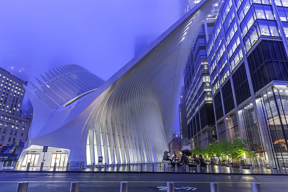 View of exterior of the Oculus transportation hub at the World Trade Center at dusk in Lower Manhattan, New York City, United States of America, North America