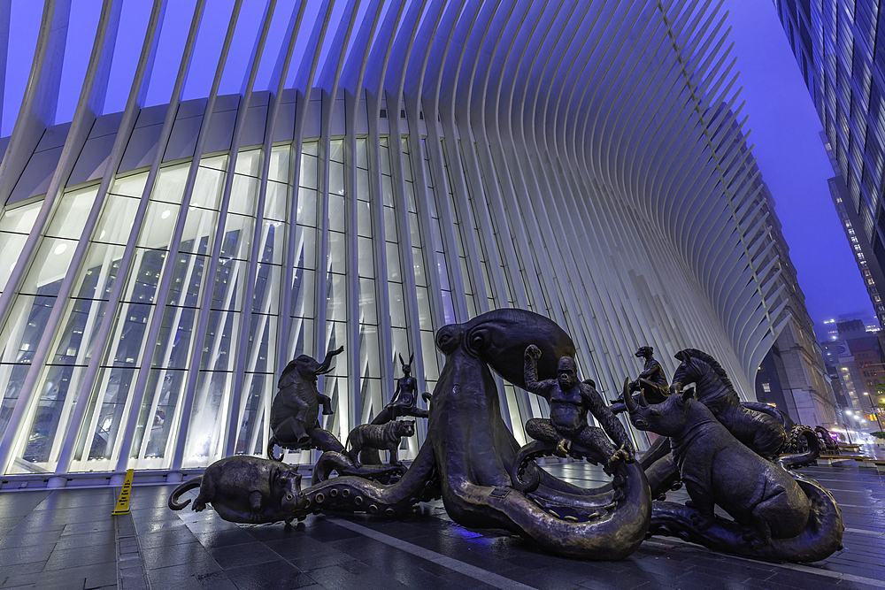 View of exterior of the Oculus transportation hub at the World Trade Center at dusk in Lower Manhattan, New York City, United States of America, North America