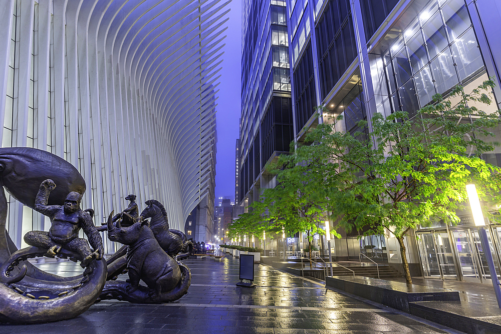 View of exterior of the Oculus transportation hub at the World Trade Center at dusk in Lower Manhattan, New York City, United States of America, North America