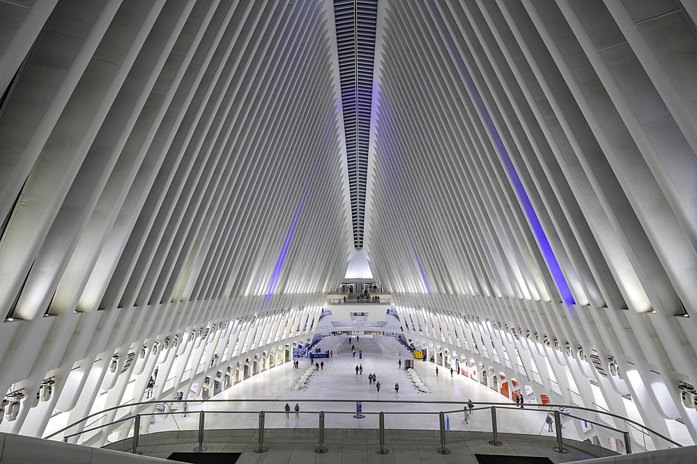 View of interior of the Oculus transportation hub at the World Trade Center at dusk in Lower Manhattan, New York City, United States of America, North America