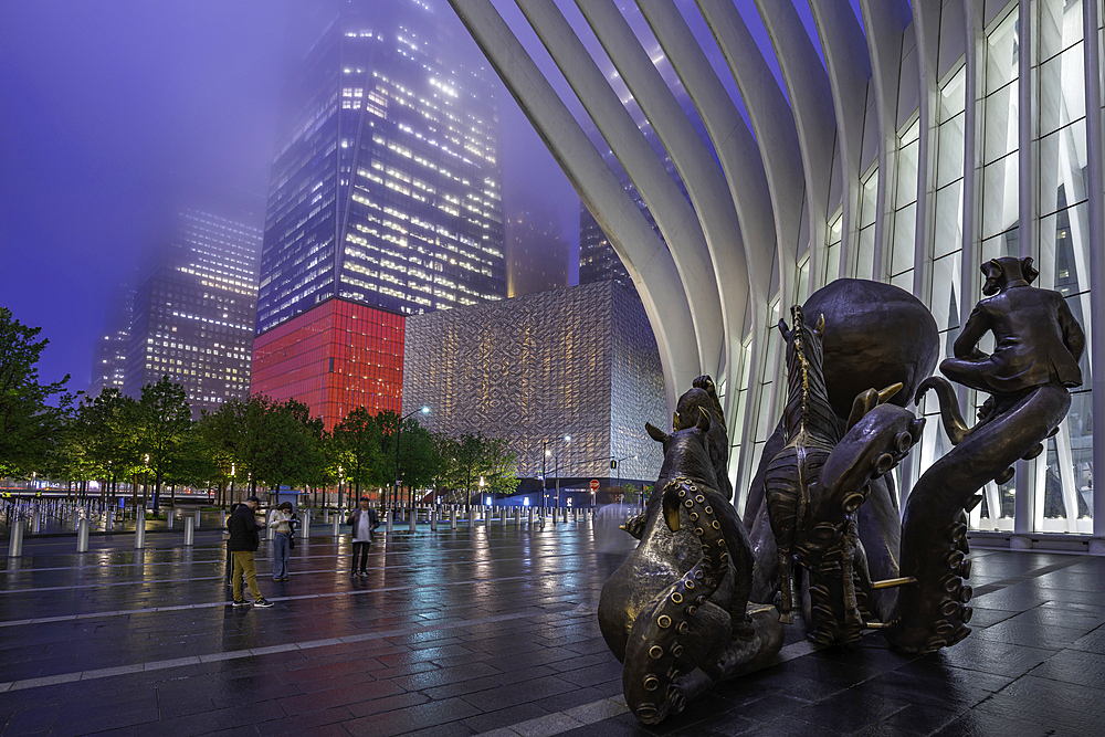 View of exterior of the Oculus transportation hub at the World Trade Center at dusk in Lower Manhattan, New York City, United States of America, North America