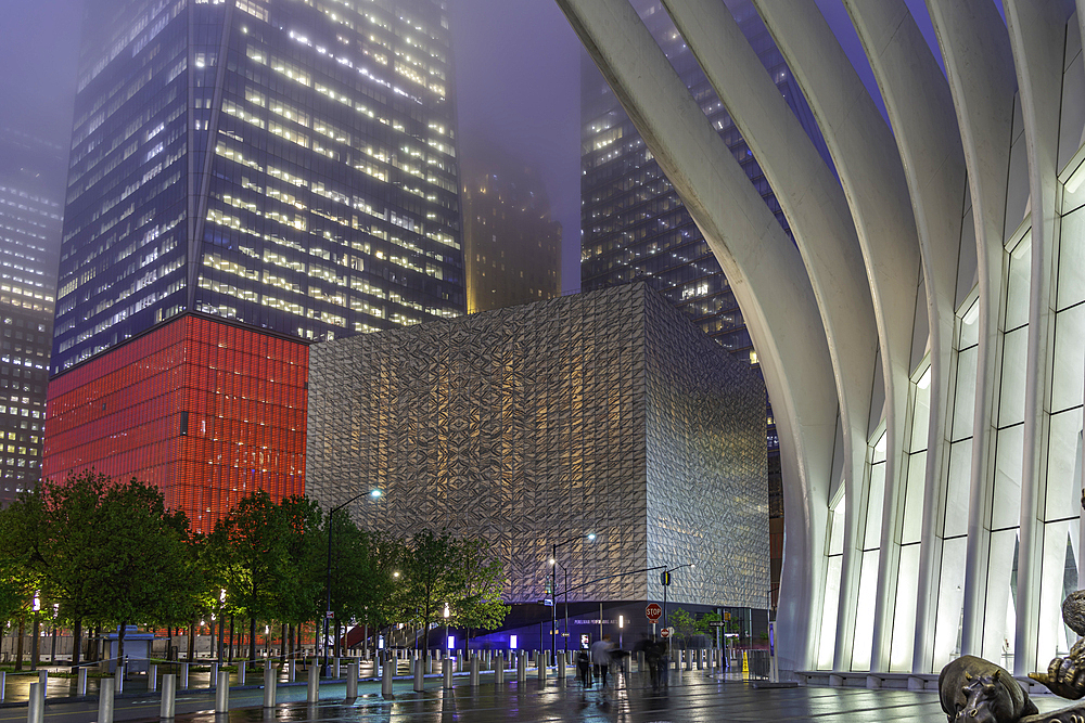 View of exterior of the Oculus transportation hub at the World Trade Center at dusk in Lower Manhattan, New York City, United States of America, North America