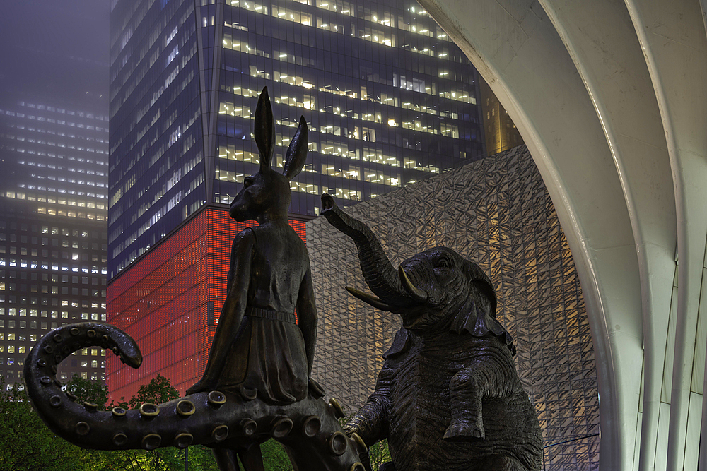 View of exterior of the Oculus transportation hub at the World Trade Center at dusk in Lower Manhattan, New York City, United States of America, North America