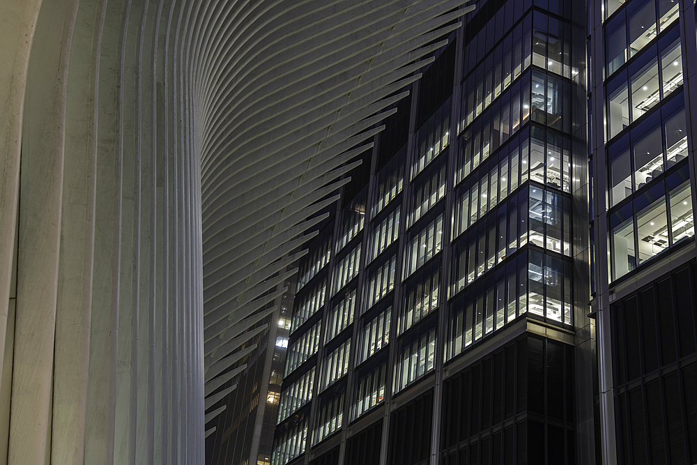 View of exterior of the Oculus transportation hub at the World Trade Center at dusk in Lower Manhattan, New York City, United States of America, North America