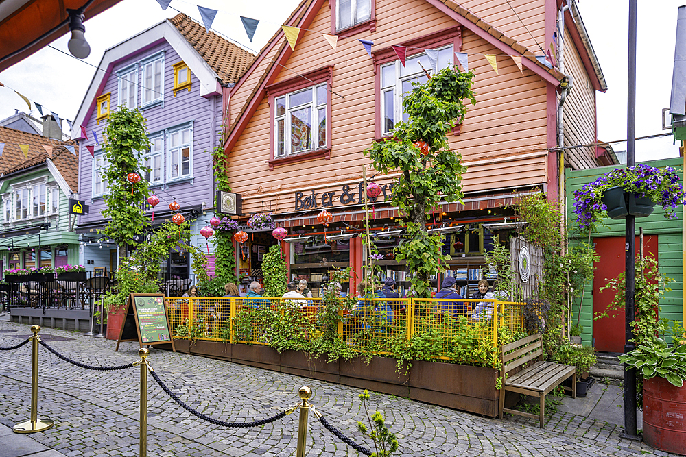 View of colourful shops and cafes in Fargegaten during daytime, Stavanger, Norway