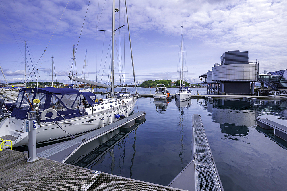 View of Norwegian Petroleum Museum and Stavanger Marina boats during daytime, Stavanger, Norway