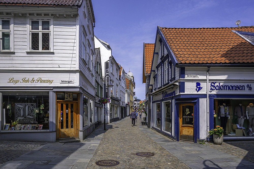 View of colourful shops and cafes in Fargegaten during daytime, Stavanger, Norway