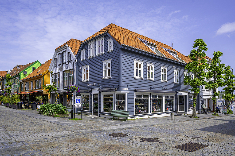 View of colourful shops and cafes in Fargegaten during daytime, Stavanger, Norway