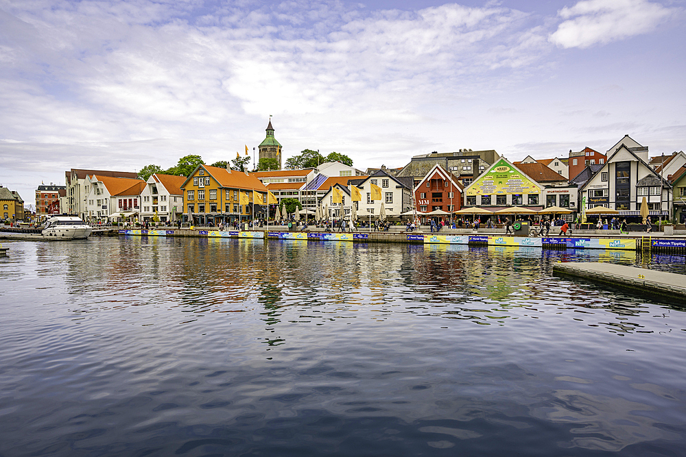 View of reflections in harbour and Stavanger skyline during daytime, Stavanger, Norway