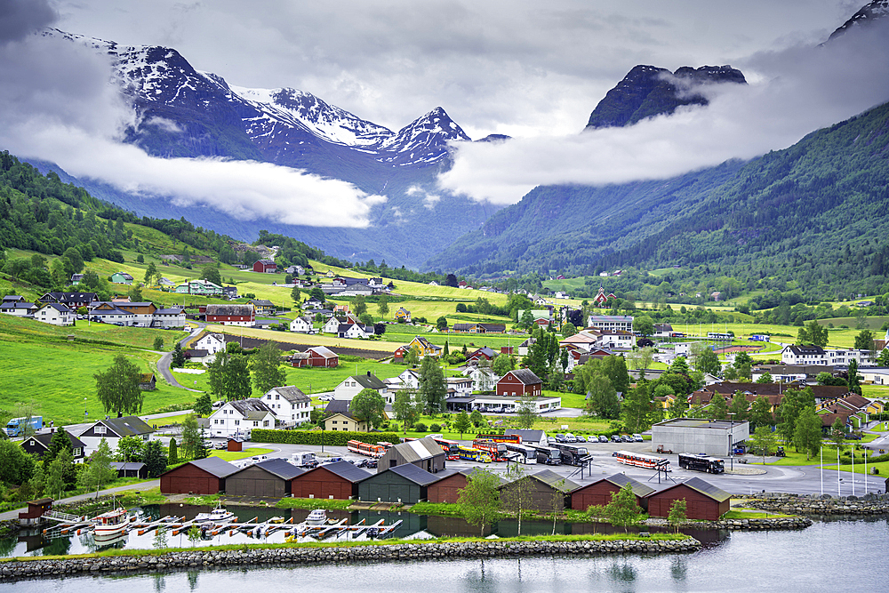 Aerial view of Olden village and mountains in Nordfjorden during summer, Norway, Scandinavia, Europe