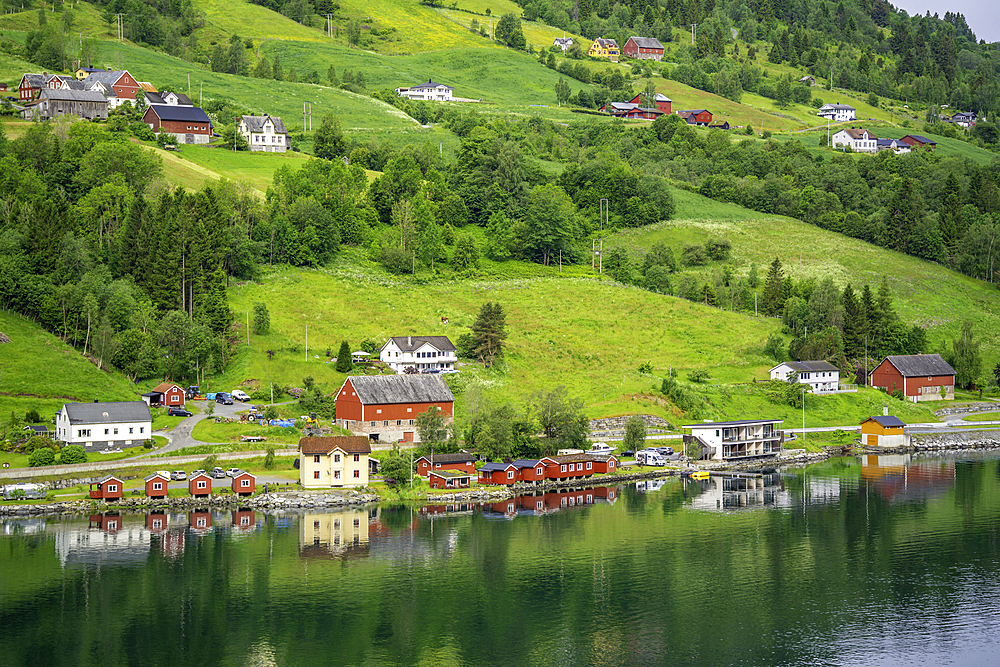 Aerial view of shoreline near Olden village and mountains in Nordfjorden during summer, Norway, Scandinavia, Europe