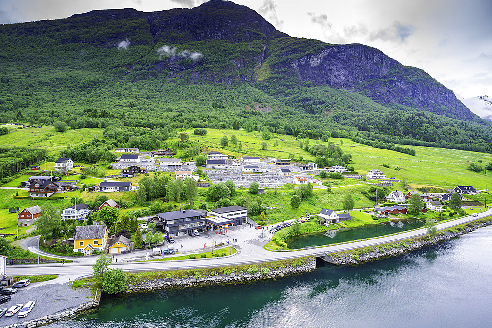 Aerial view of Olden village and mountains in Nordfjorden during summer, Norway, Scandinavia, Europe