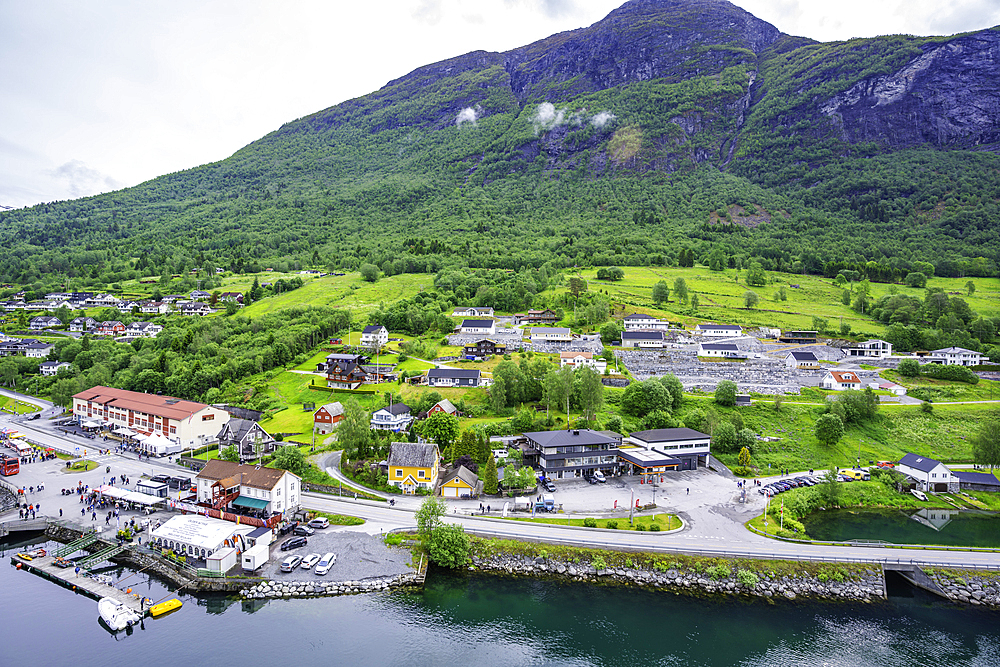 Aerial view of Olden village and mountains in Nordfjorden during summer, Norway, Scandinavia, Europe