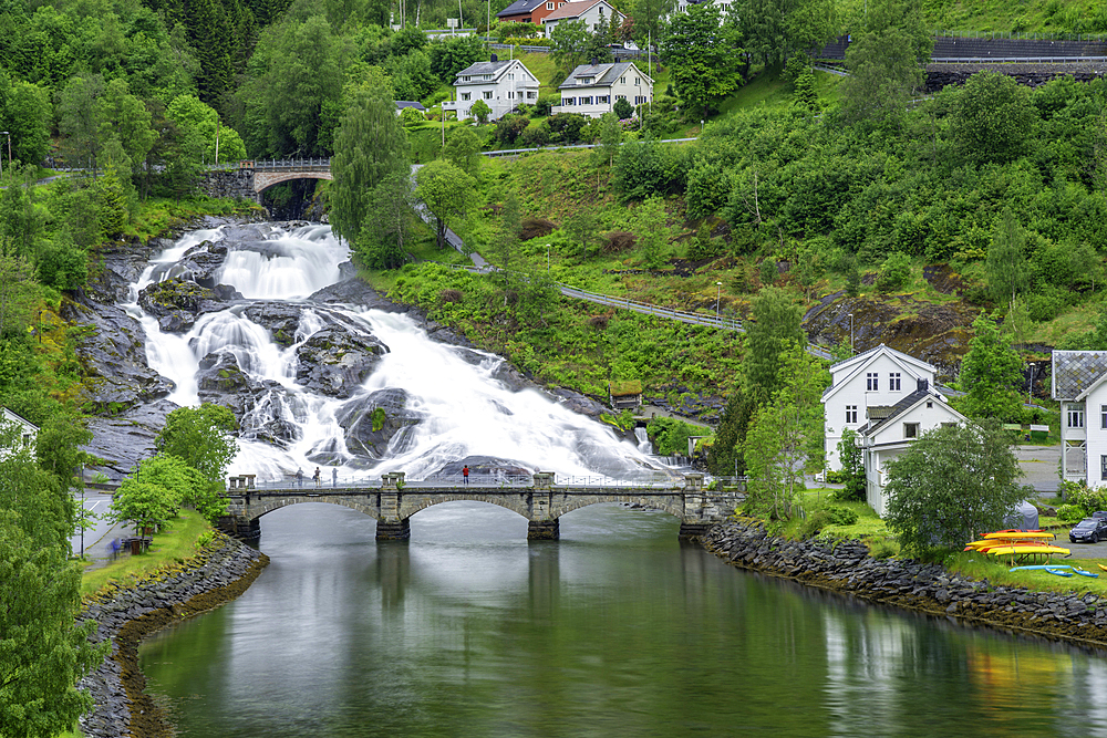 Aerial view of Hellesylt waterfall in Hellesylt, Sunnylvsfjorden, Stranda Municipality, Norway, Scandinavia, Europe