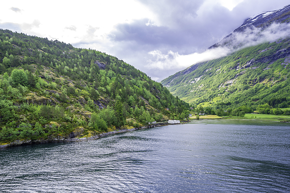 Aerial view of Sunnylvsfjorden from Hellesylt, Stranda Municipality, Norway, Scandinavia, Europe