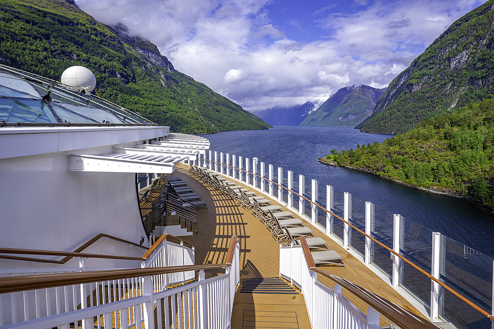 View of Sunnylvsfjorden from cruise ship in Hellesylt, Stranda Municipality, Norway, Scandinavia, Europe
