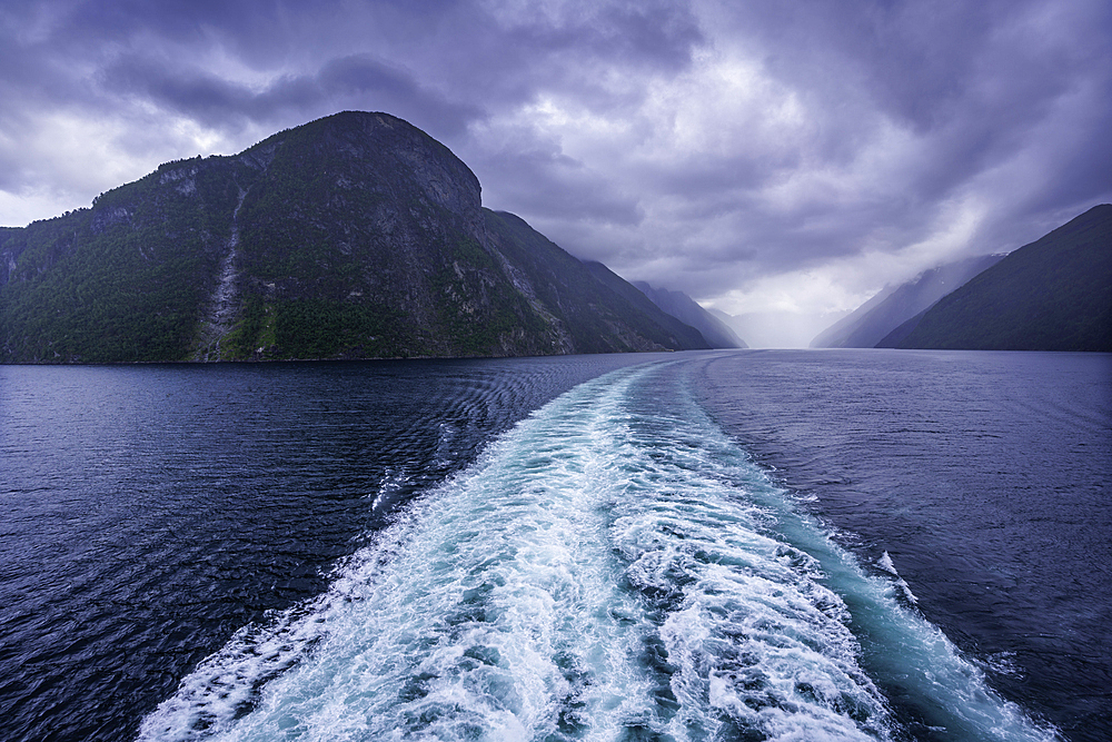 View of Sunnylvsfjorden from cruise ship on a cloudy day, Stranda Municipality, Norway, Scandinavia, Europe