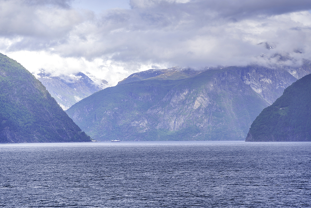 View of Sunnylvsfjorden from cruise ship on a cloudy day, Stranda Municipality, Norway, Scandinavia, Europe