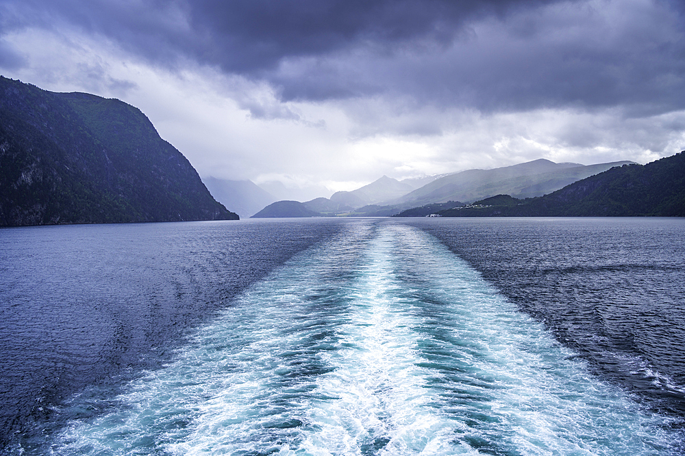 View of Sunnylvsfjorden from cruise ship on a cloudy day, Stranda Municipality, Norway, Scandinavia, Europe
