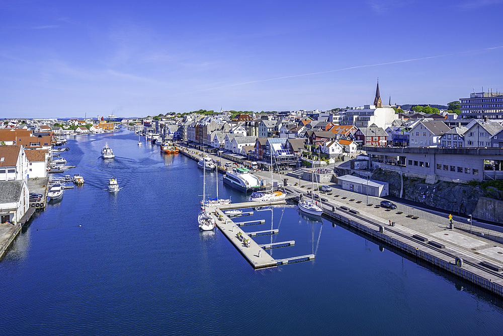 View of Haugesund skyline from Risøy Bridge on a sunny day, Haugesund, Rogaland County, Norway, Scandinavia, Europe