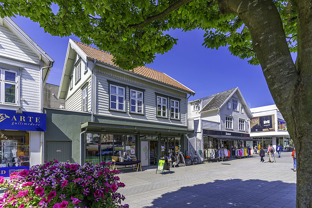 View of shops on Haraldsgata street on a sunny day, Haugesund, Rogaland County, Norway, Scandinavia, Europe