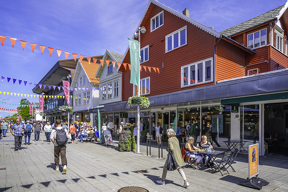 View of shops on Haraldsgata street on a sunny day, Haugesund, Rogaland County, Norway, Scandinavia, Europe