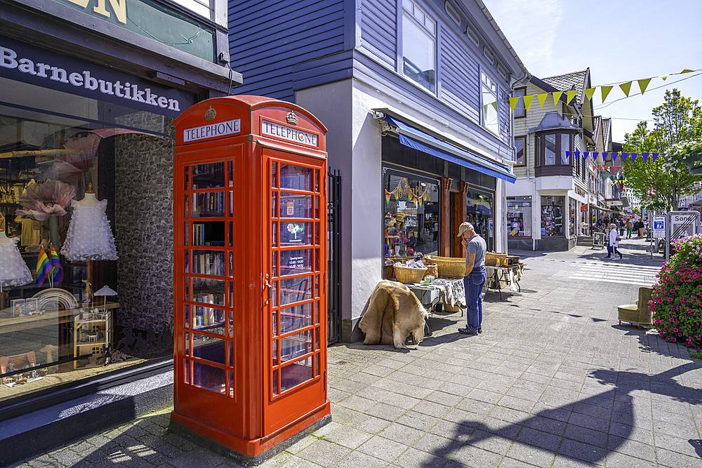 View of shops on Haraldsgata street on a sunny day, Haugesund, Rogaland County, Norway, Scandinavia, Europe