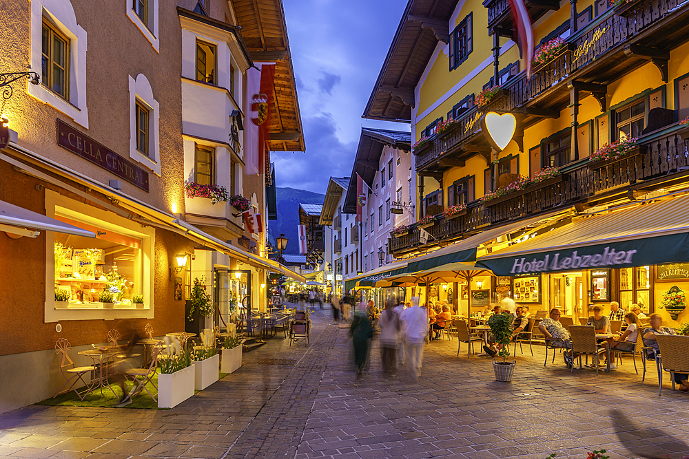 View of hotels in Zell am See at dusk, Zell am See, Salzburg, Austria, Europe