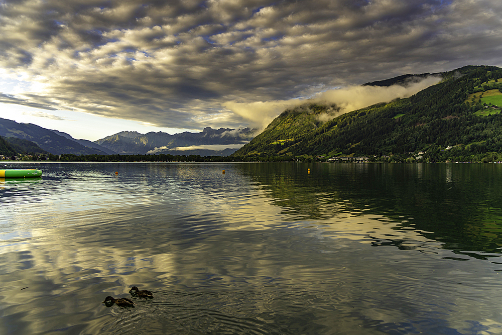 View of mountains and Lake Zell during golden hour, Zell am See, Salzburg, Austria, Europe