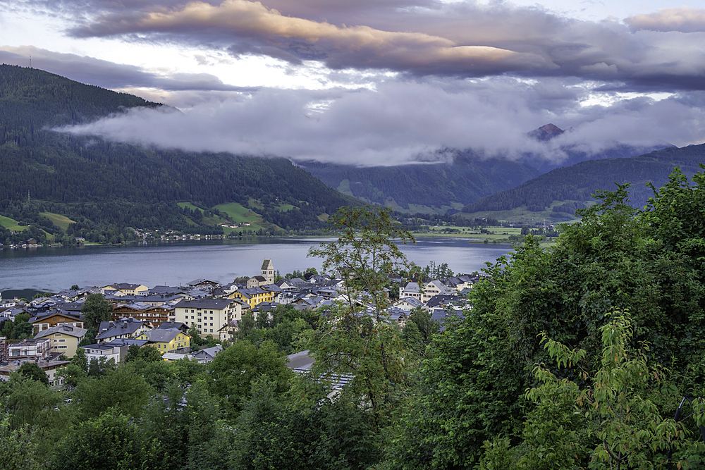 Elevated view of Zell am See and Lake Zell during golden hour, Zell am See, Salzburg, Austria, Europe