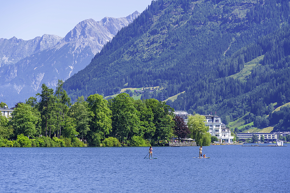 View of the Grand Hotel and Lake Zell in Zell am See on a sunny day, Zell am See, Salzburg, Austria, Europe