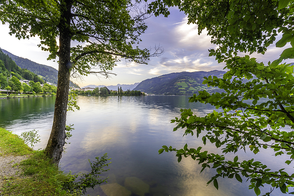 View of mountains and Lake Zell during golden hour, Zell am See, Salzburg, Austria, Europe