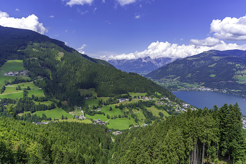 View of Zell am See from cable car to Mittelstation on a sunny day, Bruckberg, Salzburg, Austria, Europe